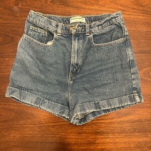American Apparel High-Rise Rolled Hem Denim Shorts - Medium Blue Wash